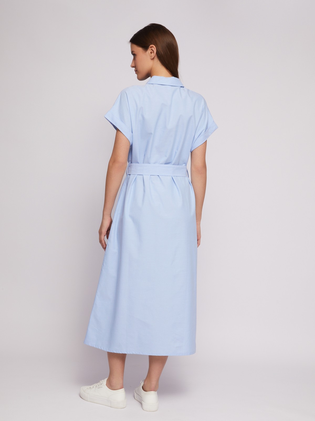 Платье-рубашка из хлопка с коротким рукавом и поясом zolla 024218262353, цвет светло-голубой, размер XS - фото 6