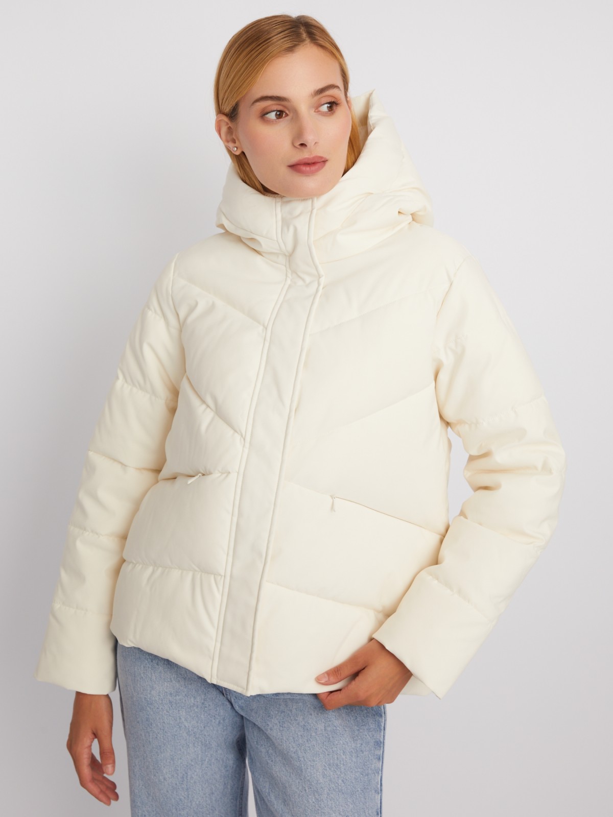Тёплая стёганая дутая куртка с капюшоном zolla 023335102384, цвет молоко, размер M - фото 1
