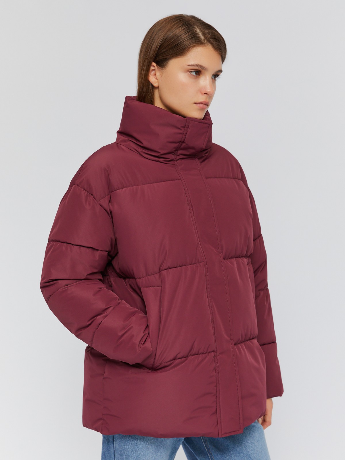 Тёплая дутая куртка оверсайз с высоким воротником