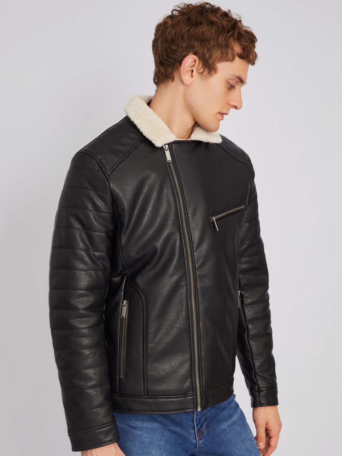 Тёплая куртка-косуха из экокожи с подкладкой из экомеха на синтепоне zolla 012345150154, цвет черный, размер L - фото 3