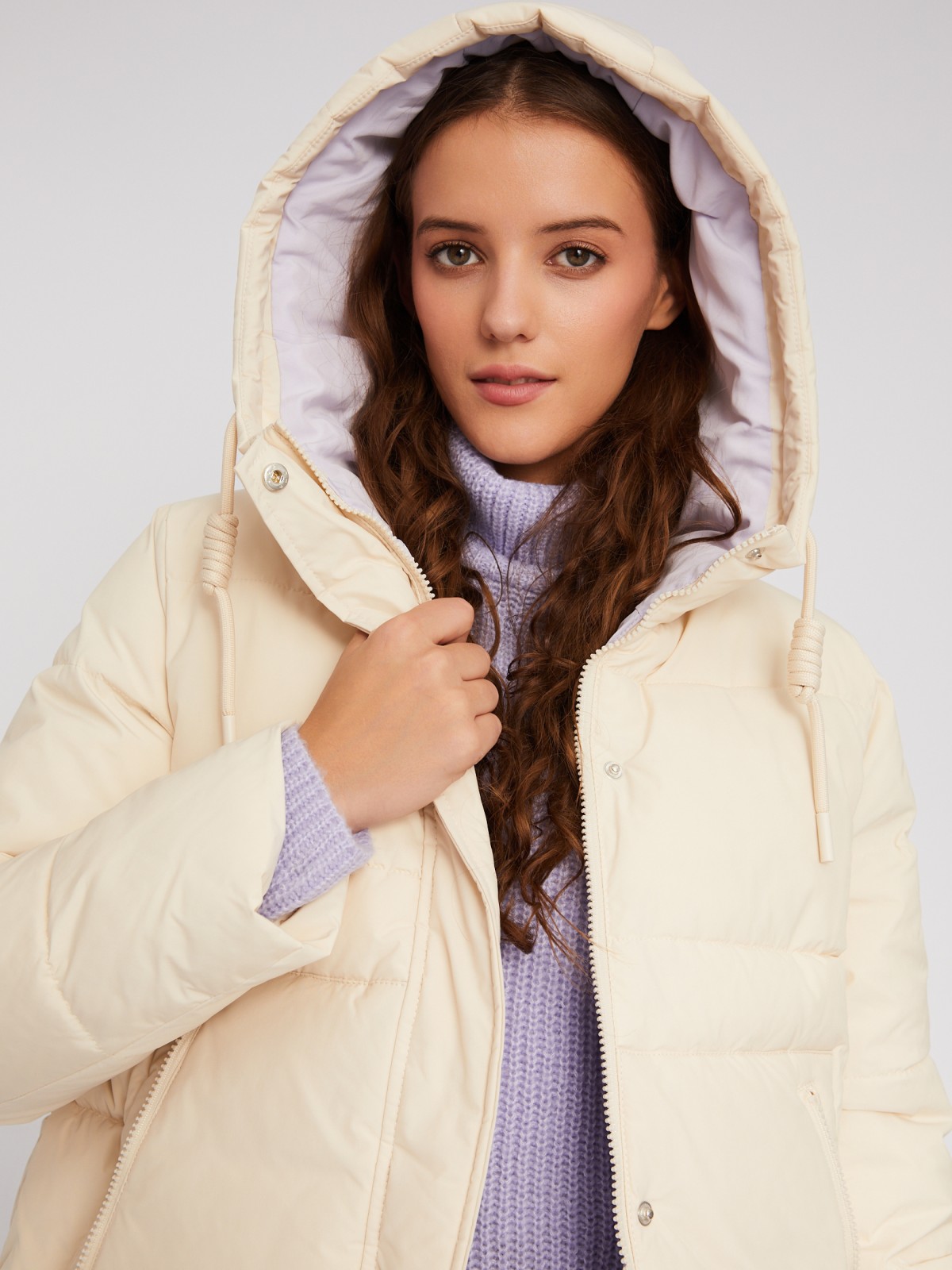 Тёплая стёганая куртка-пальто с капюшоном zolla 023345202114, цвет молоко, размер XS - фото 3