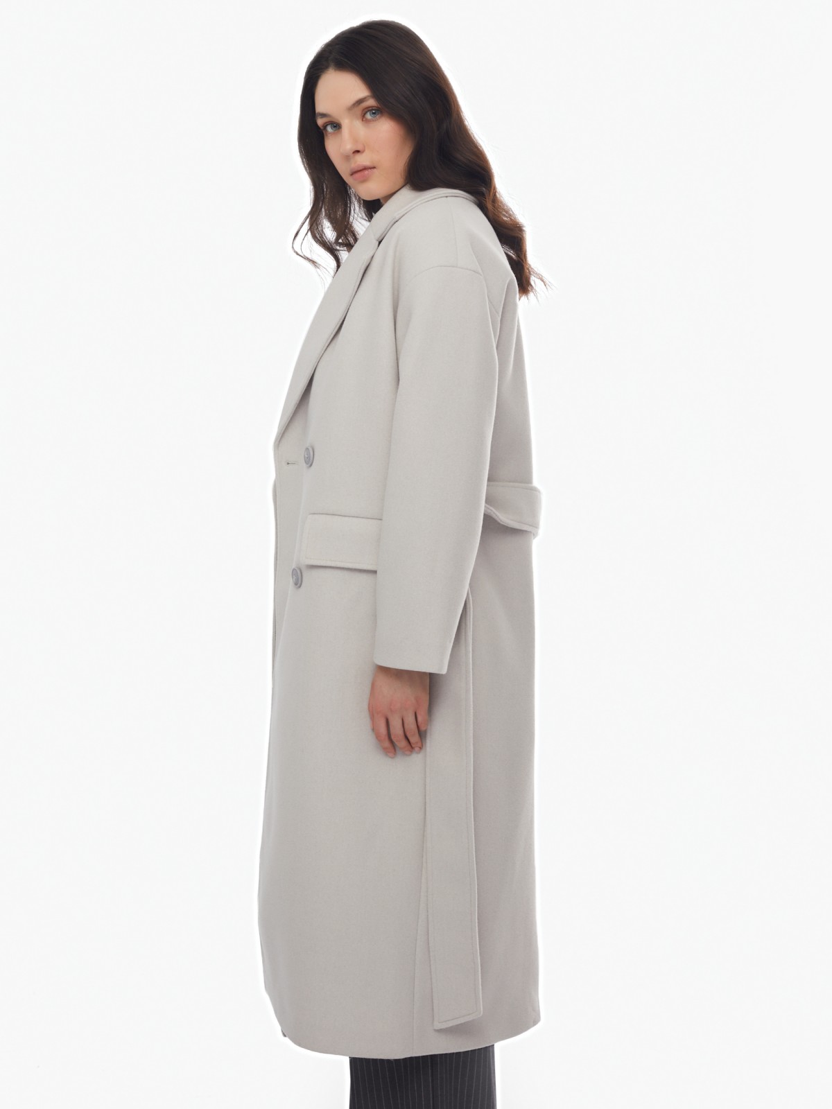 Длинное пальто оверсайз силуэта без утеплителя на пуговицах с поясом zolla 024125857064, цвет светло-серый, размер XS - фото 4