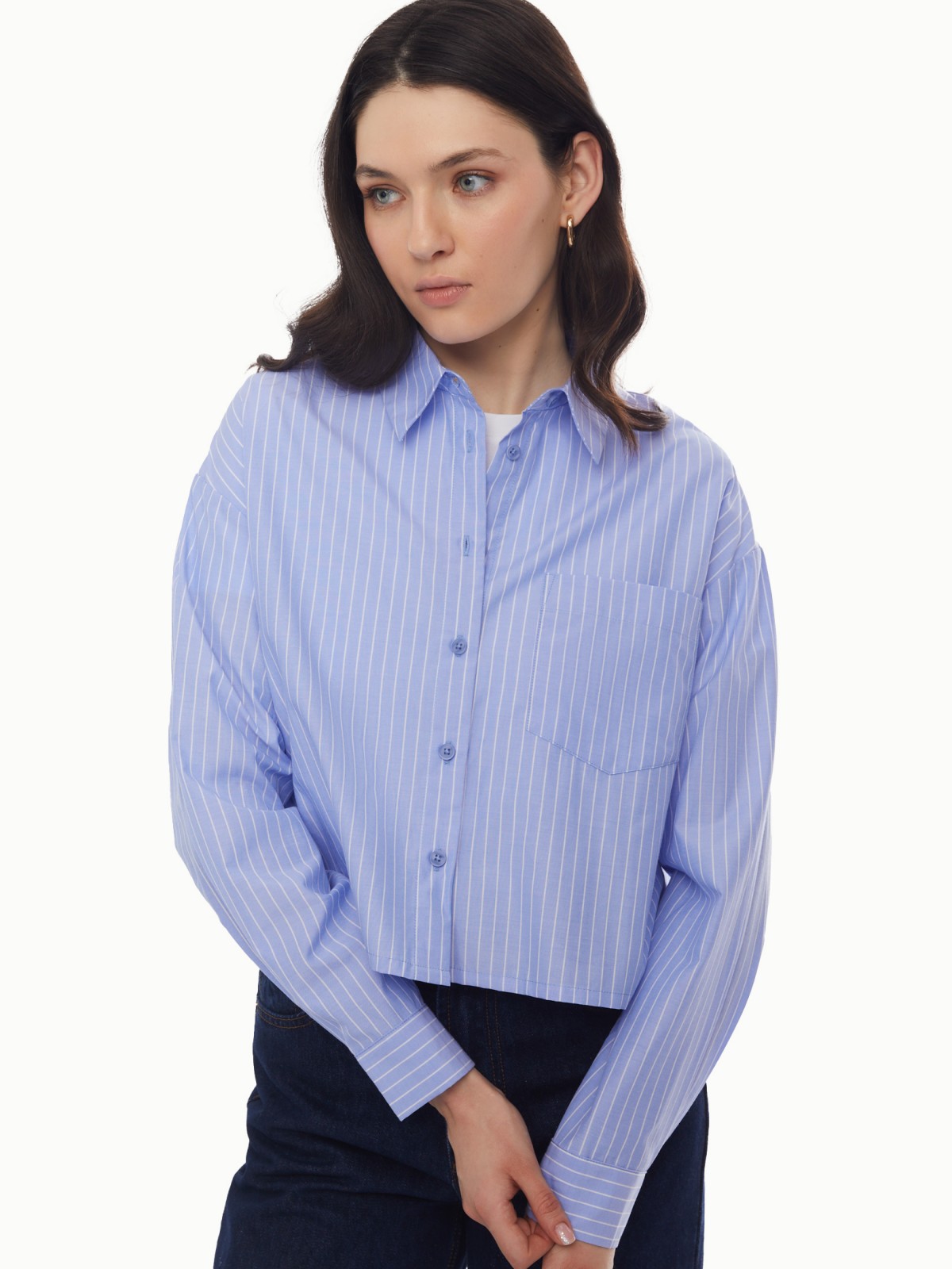 Рубашка укороченного силуэта с узором в полоску zolla 024131159163, цвет светло-голубой, размер XS - фото 3