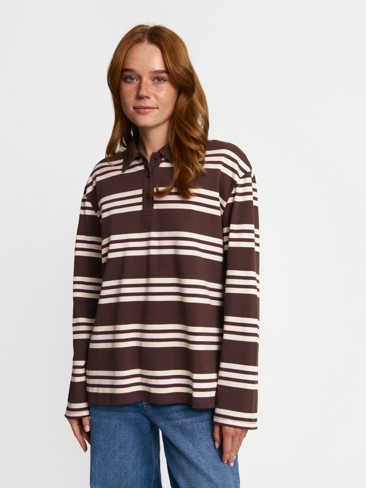 Трикотажный джемпер-лонгслив в полоску с воротником поло