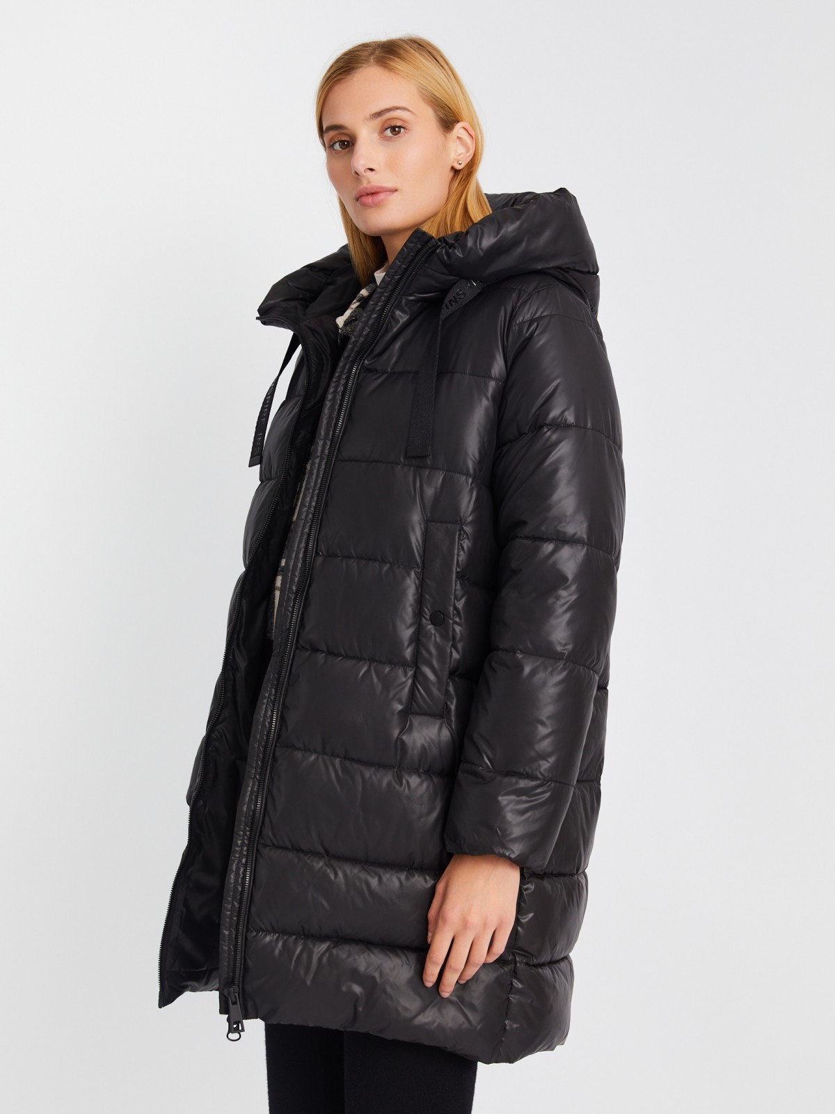 Тёплая стёганая куртка на молнии с капюшоном zolla 023345212124, цвет черный, размер XS - фото 3