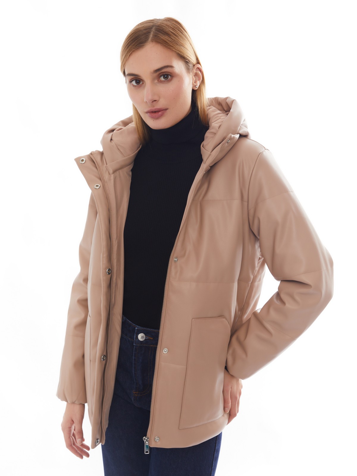 Тёплая куртка из экокожи с поясом и съёмным капюшоном zolla 02412512N094, цвет бежевый, размер XS