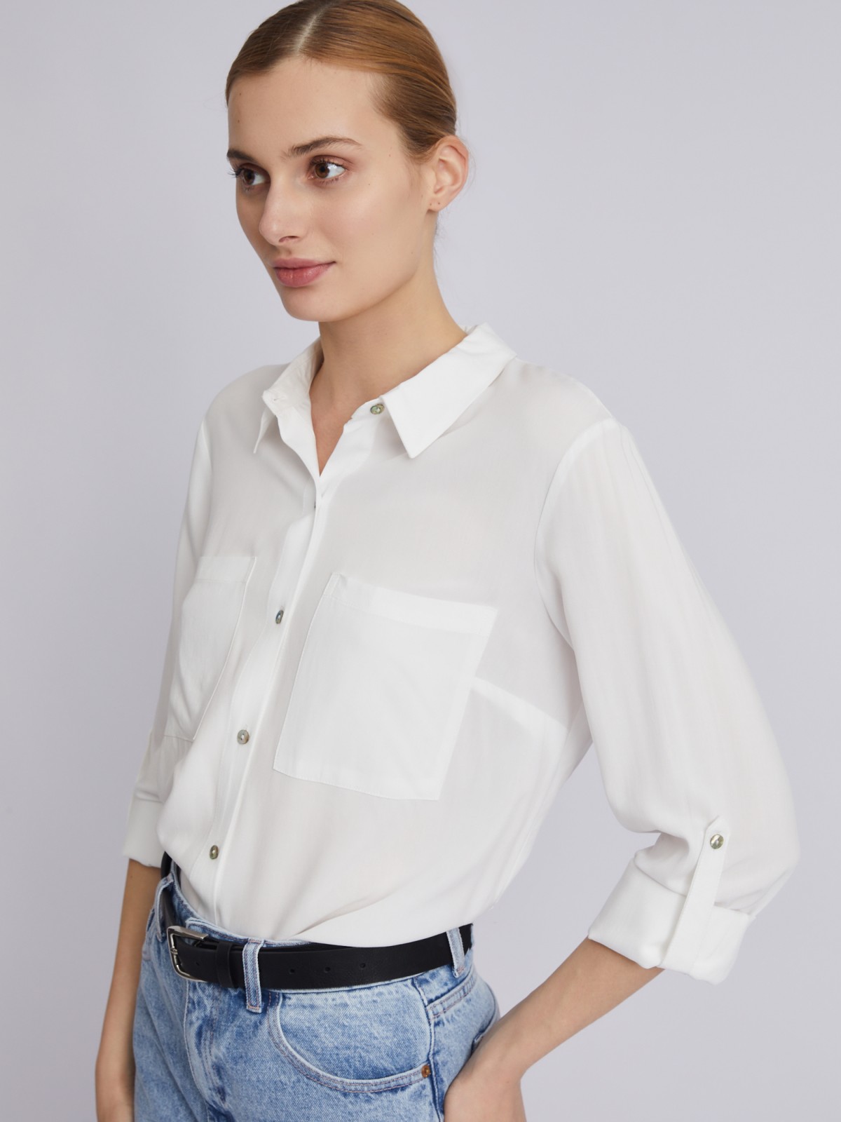 Офисная рубашка из вискозы с карманами и подхватами на рукавах zolla 023311162052, цвет молоко, размер XS - фото 3
