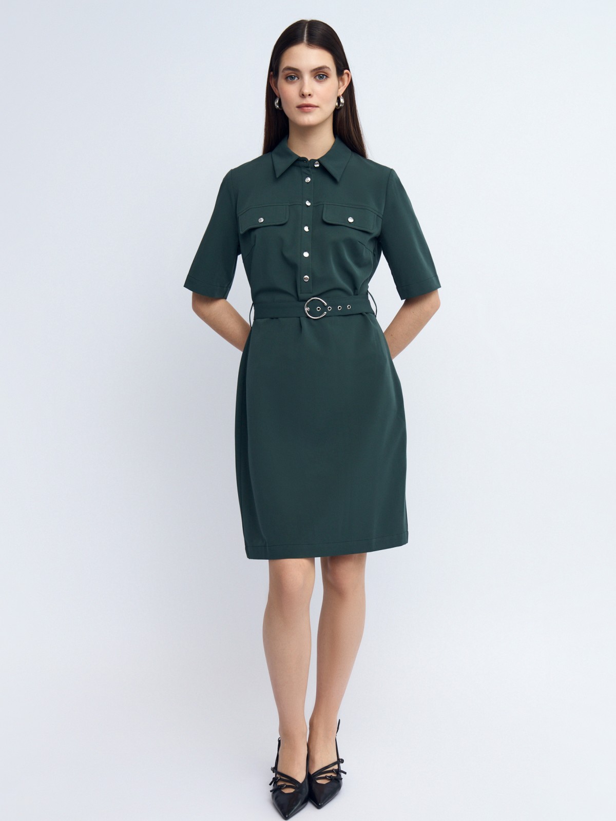 Платье-рубашка с коротким рукавом и ремнём