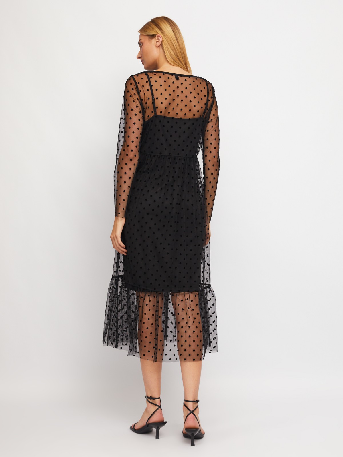 Двойное ярусное платье из сетки в горошек и нижней комбинации zolla 024118132043, цвет черный, размер XS - фото 6