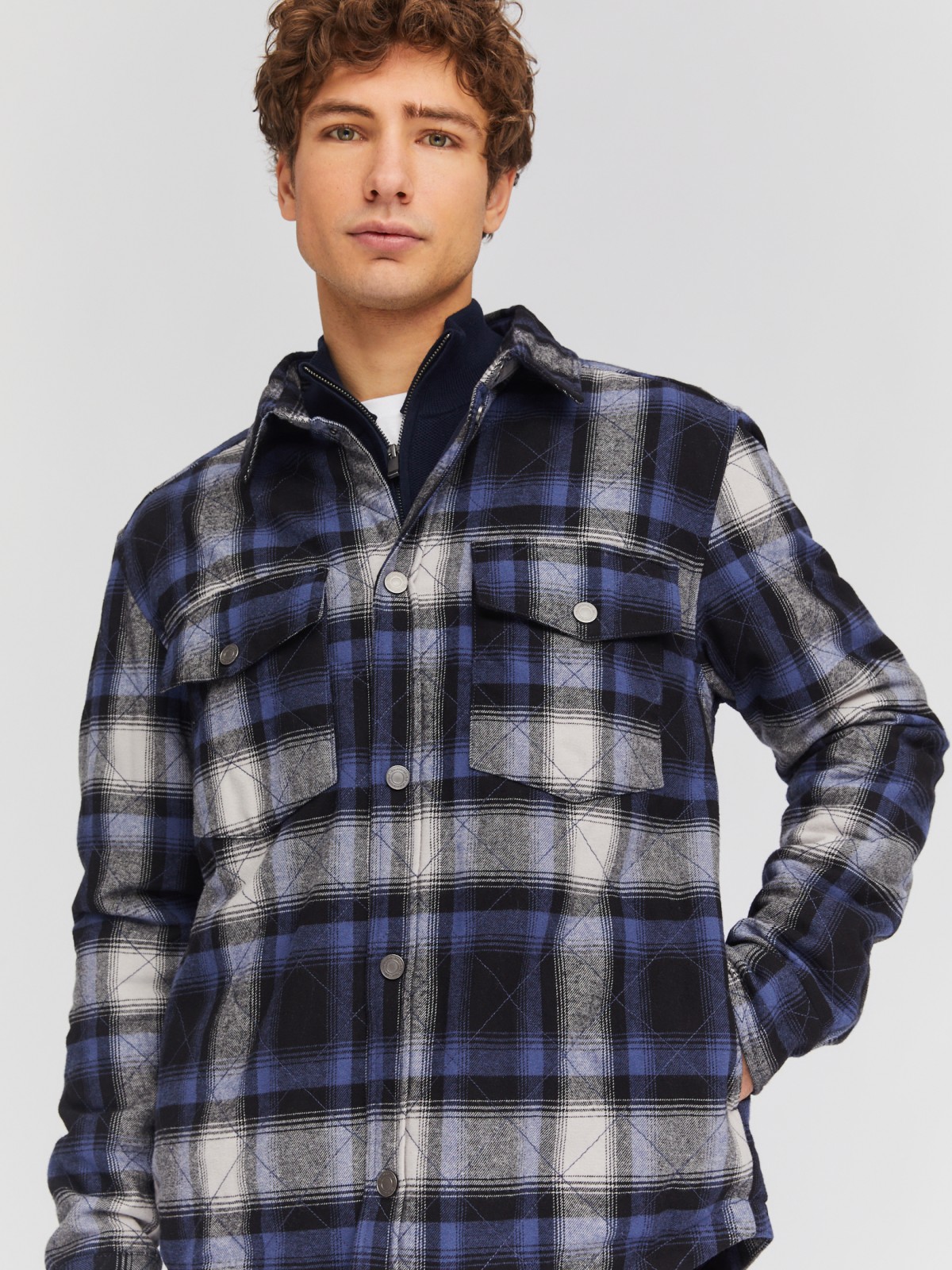 Утеплённая куртка-рубашка в клетку на синтепоне zolla 014135159104, цвет синий, размер S - фото 3
