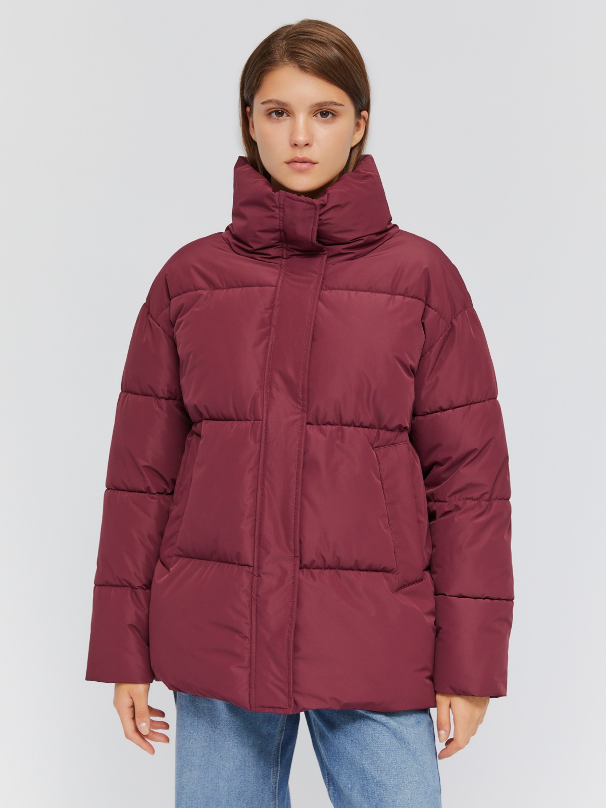 Тёплая дутая куртка оверсайз с высоким воротником