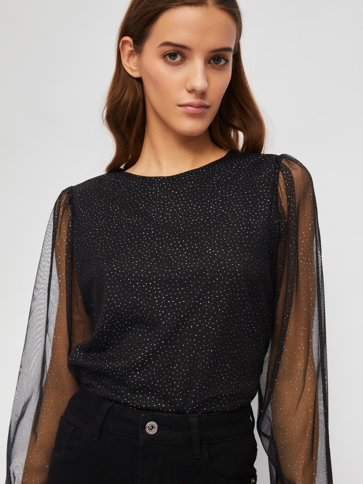 Блузка из сетки с прозрачными рукавами и глиттером zolla 023451159013, цвет черный, размер XS - фото 4