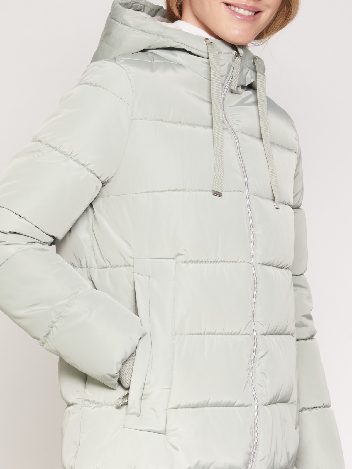Утепленное стёганое пальто с капюшоном zolla 021335250034, цвет мятный, размер XS - фото 3