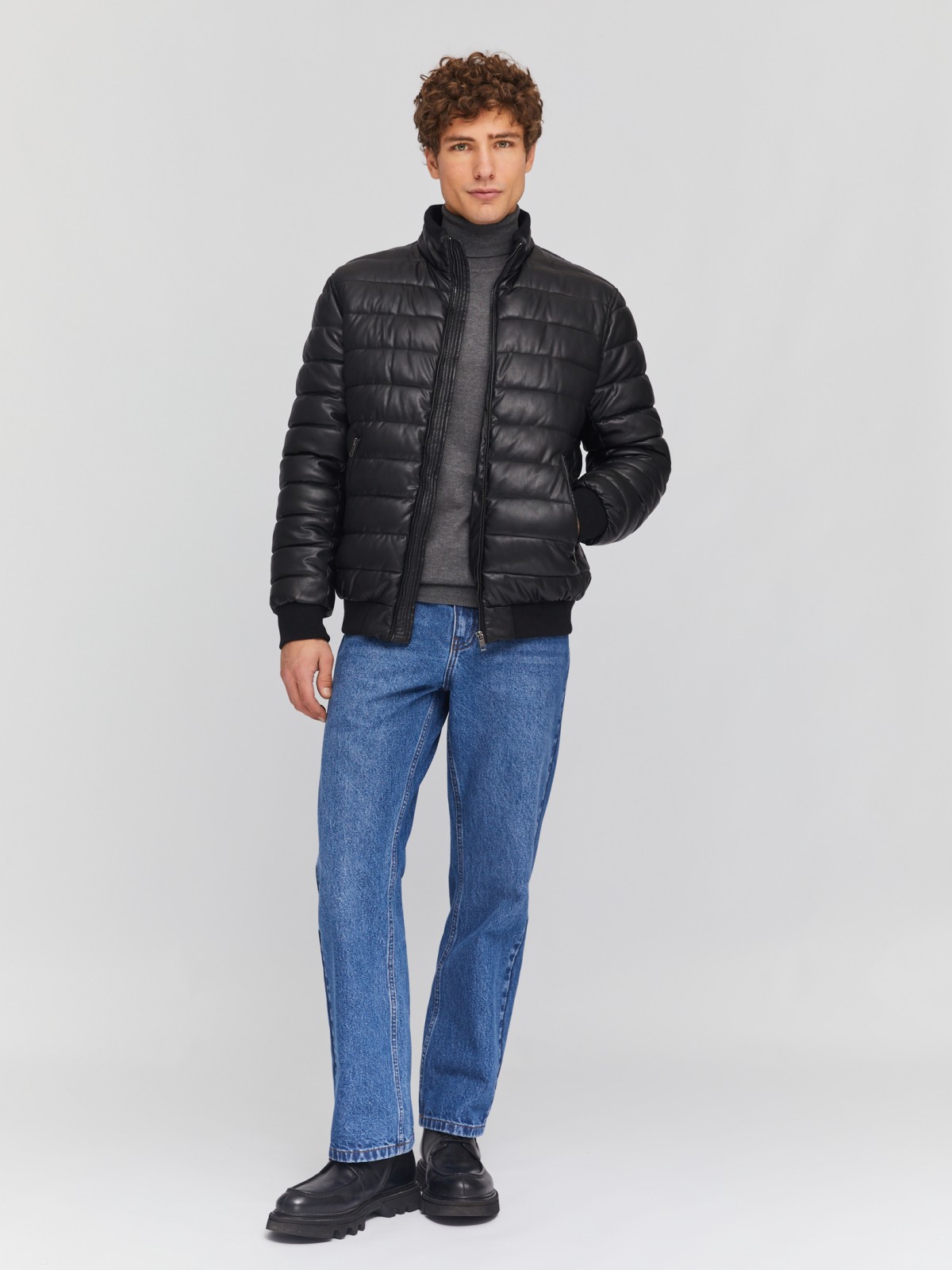 Тёплая куртка-бомбер из экокожи на молнии с воротником-стойкой zolla 014125150024, цвет черный, размер M