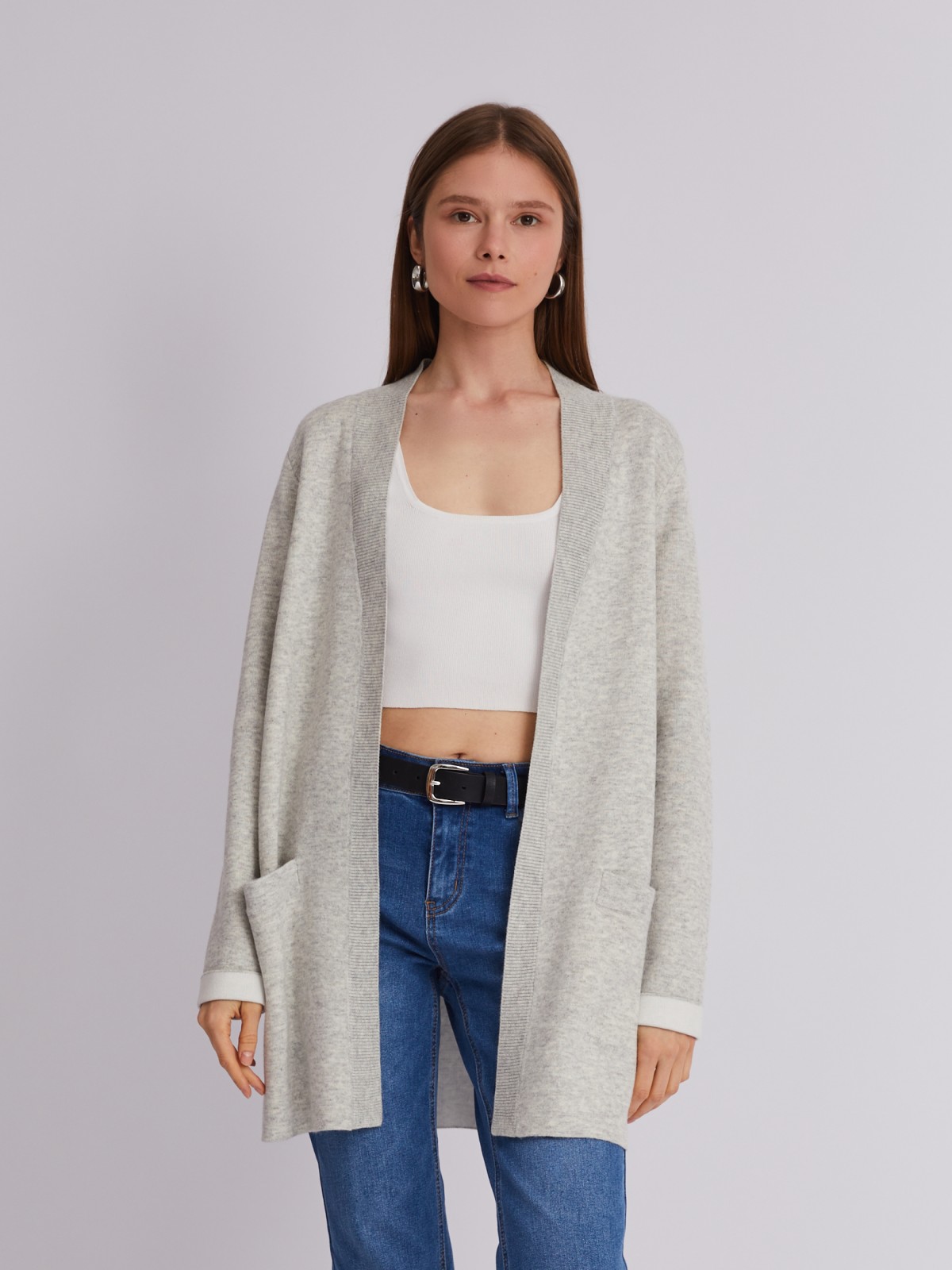 Кардиган без застёжки из тёплого вязаного трикотажа с добавлением шерсти