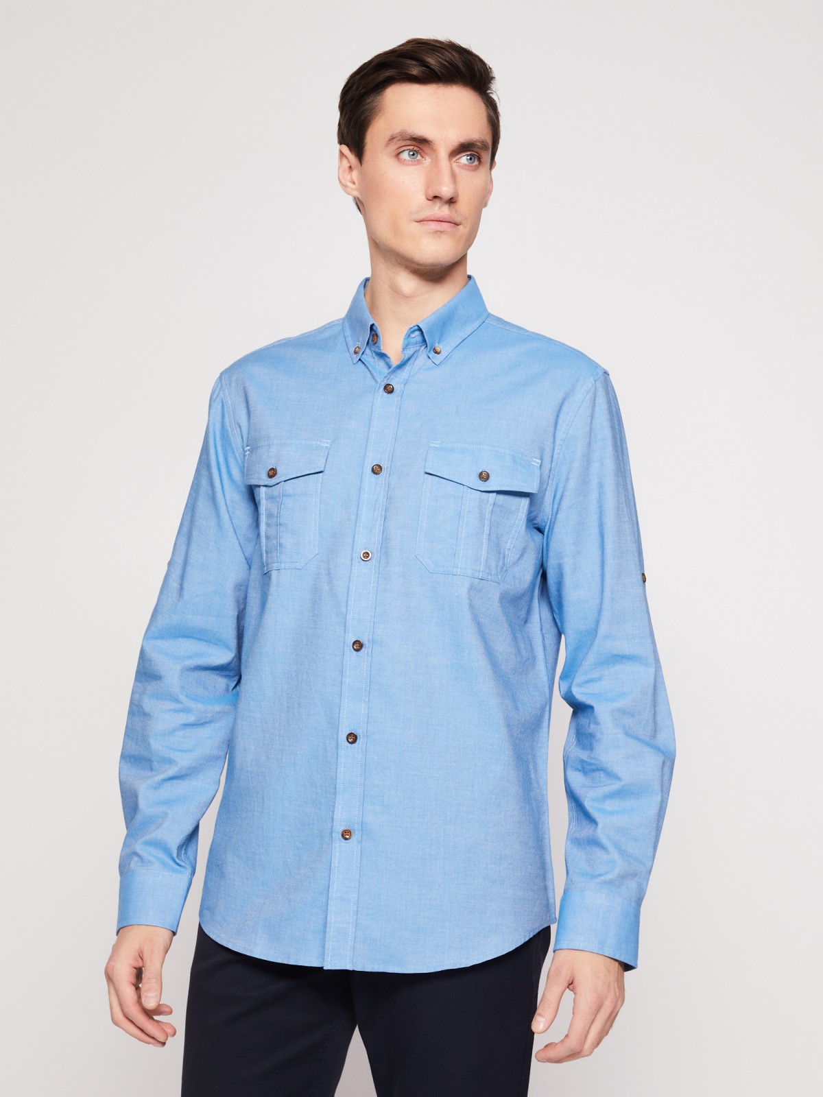 Хлопковая рубашка с длинным рукавом zolla 012122159063, цвет голубой, размер M - фото 2