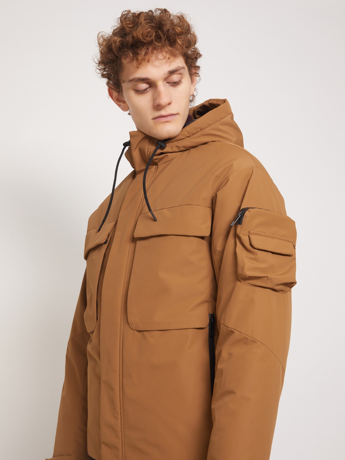 Утеплённая куртка с накладными карманами и капюшоном zolla 011335102244, цвет горчичный, размер S - фото 3