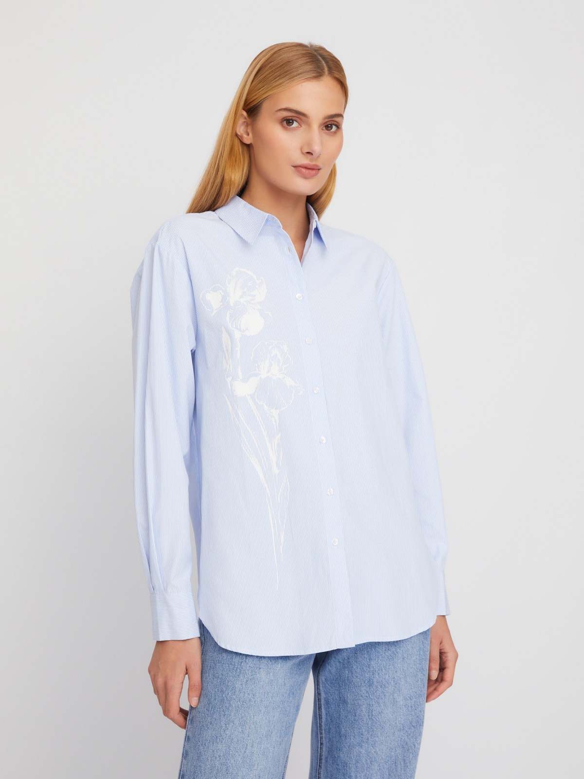 Рубашка удлинённого силуэта в полоску с принтом zolla 02411117Y303, цвет светло-голубой, размер XS - фото 3