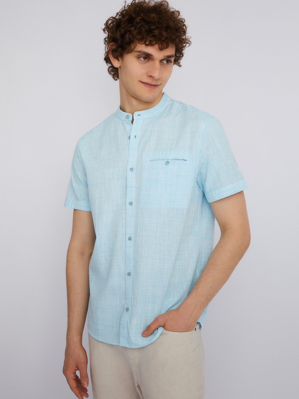 Рубашка из хлопка с воротником-стойкой zolla мятного цвета