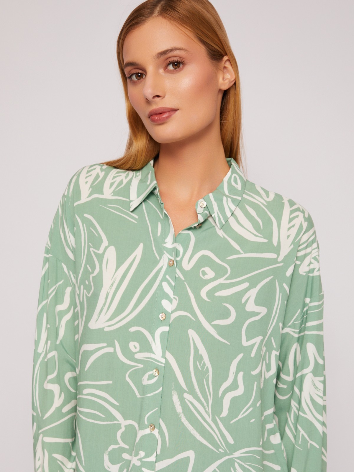 Принтованная рубашка из вискозы с длинным рукавом zolla 024211162322, цвет светло-зеленый, размер L - фото 5
