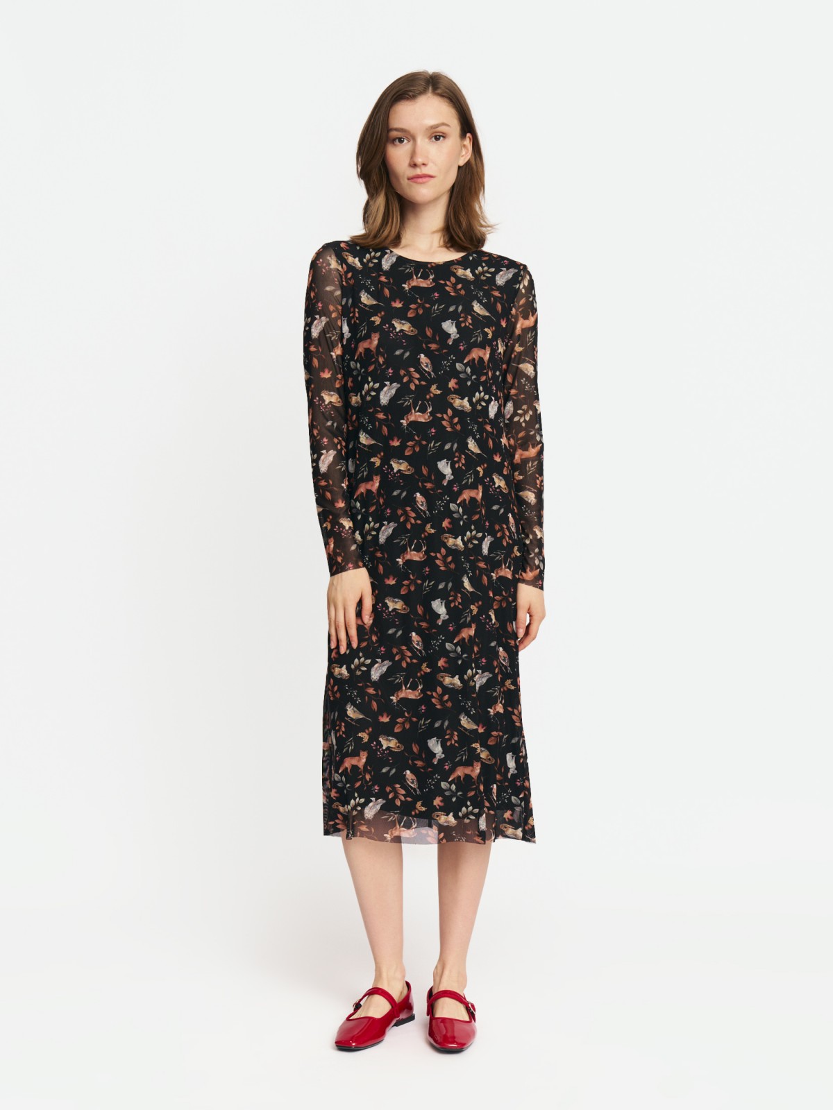 Платье миди из сетки с лесным принтом