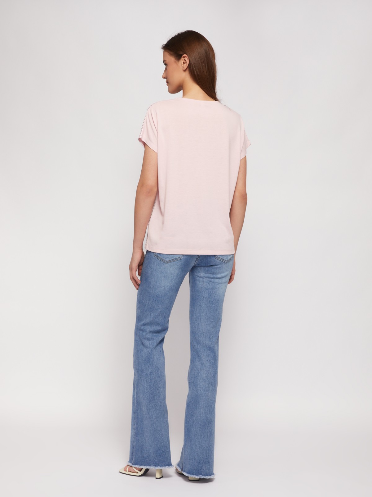 Трикотажный комбинированный топ-блузка с блеском zolla 024223226033, цвет розовый, размер XS - фото 6