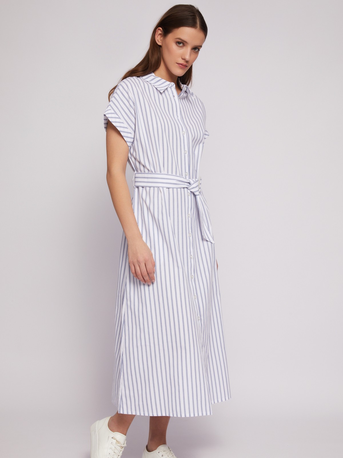 Платье-рубашка из хлопка с коротким рукавом и узором в полоску zolla 024218262363, цвет белый, размер S - фото 3