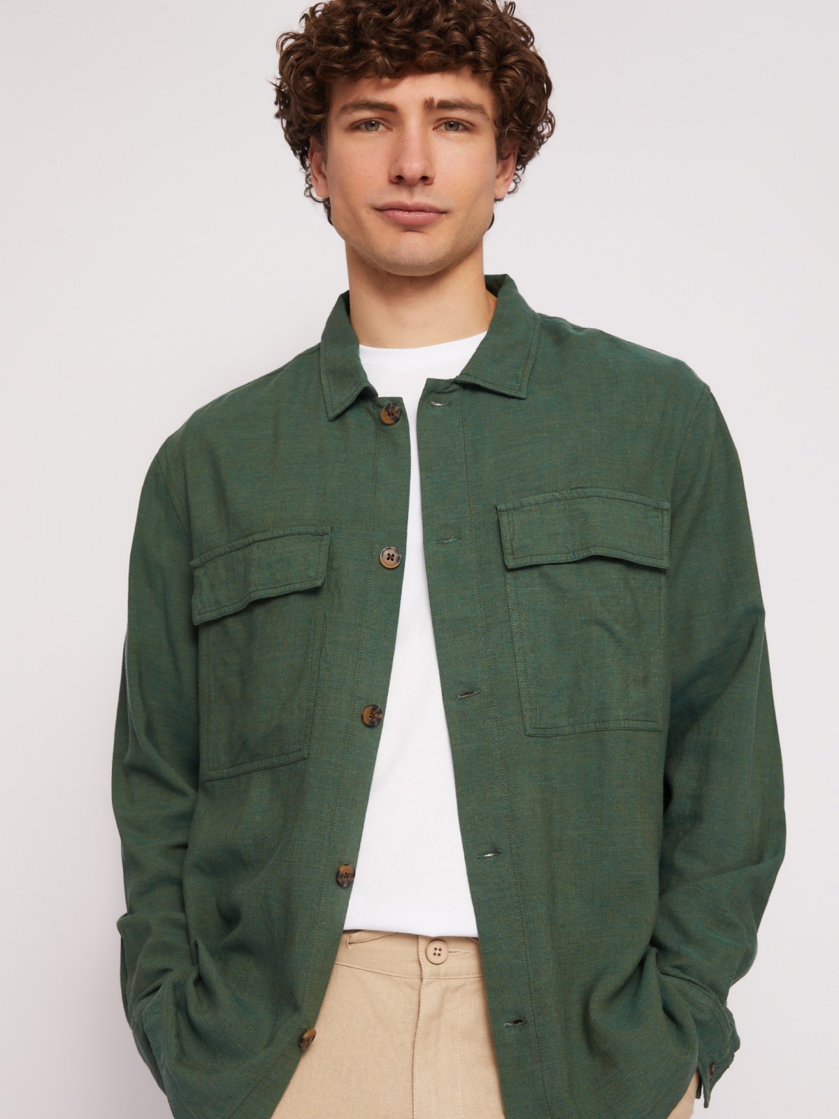 Куртка-рубашка из льна и вискозы zolla 01421214R073, цвет темно-зеленый, размер L - фото 5