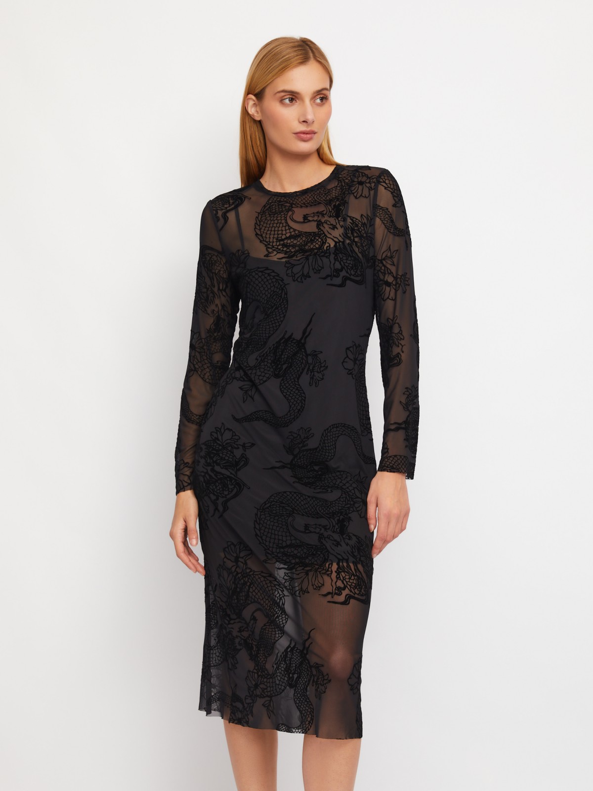 Двойное платье из сетки с драконами и нижней комбинации zolla 024118159151, цвет черный, размер XS