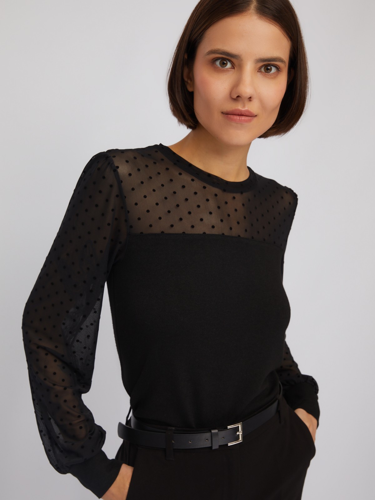 Трикотажный топ-блузка с акцентом на кокетке и рукавах zolla 024113159083, цвет черный, размер XS - фото 5
