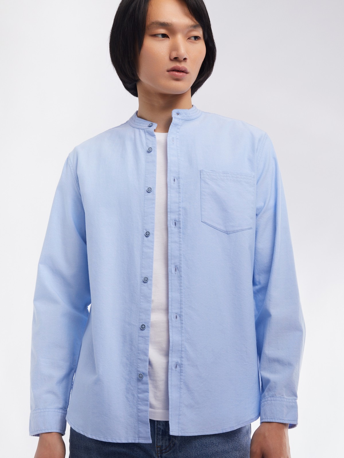 Офисная рубашка из хлопка с воротником-стойкой и длинным рукавом zolla 014122159033, цвет светло-голубой, размер S - фото 3