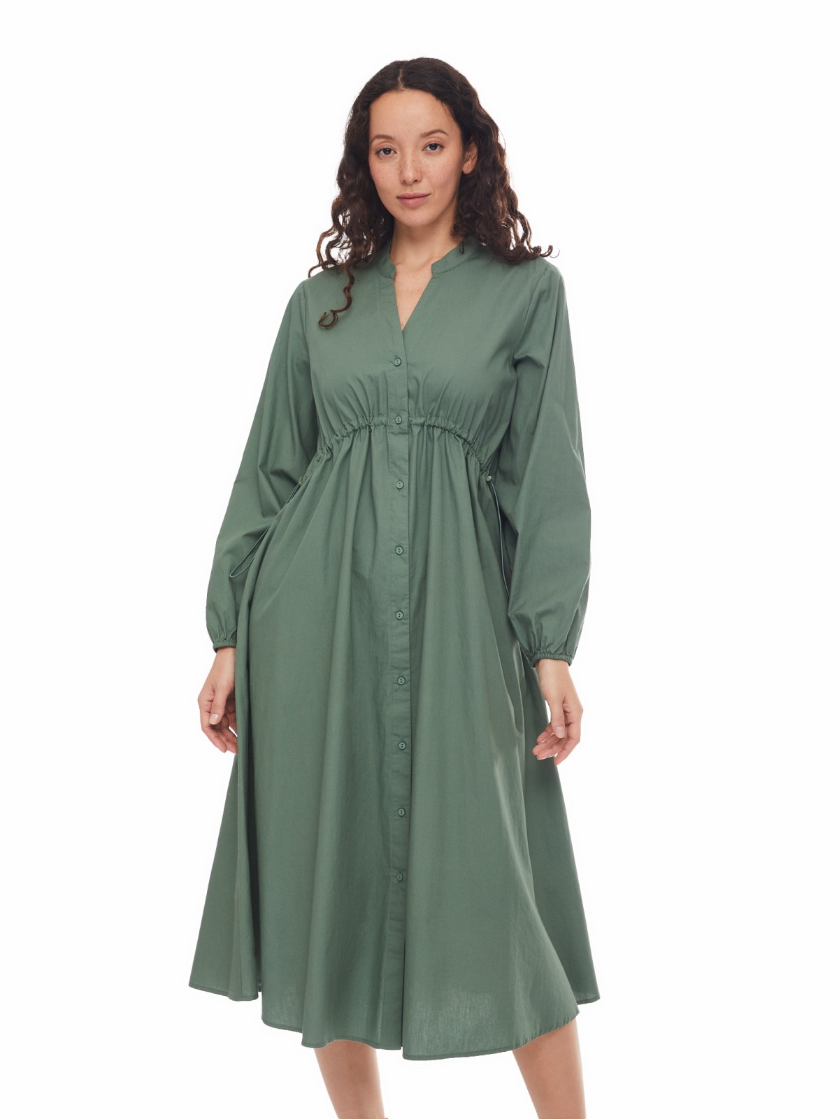 Платье-рубашка длины миди из хлопка с драпировкой на талии zolla 024138240301, цвет хаки, размер XS