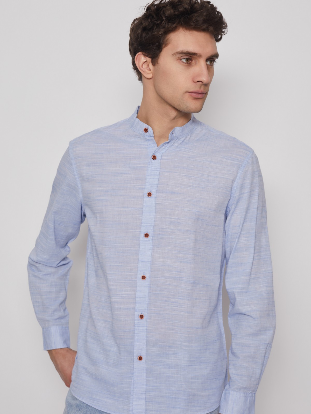 Хлопковая рубашка с длинным рукавом zolla 012232159041, цвет светло-голубой, размер S - фото 4