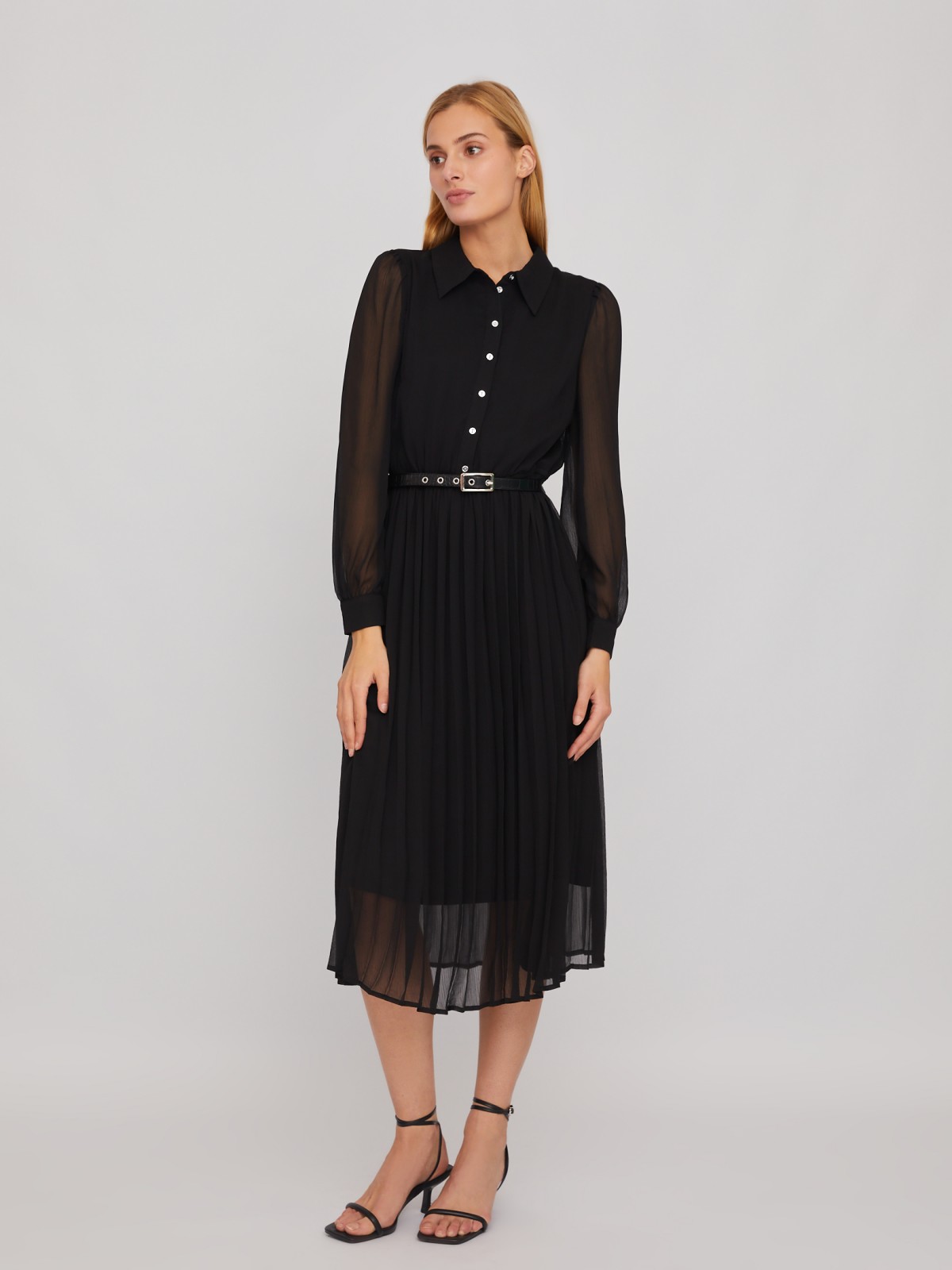 Шифоновое платье-рубашка длины миди с плиссировкой и акцентном на талии zolla 024118262033, цвет черный, размер S - фото 2