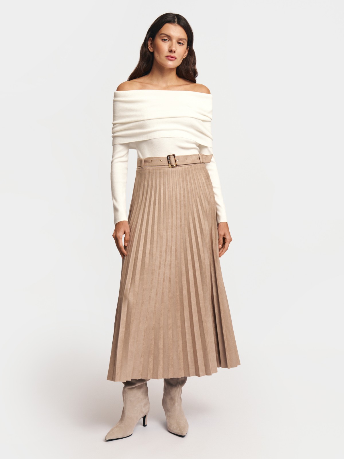 Юбка плиссе из экозамши с ремнём