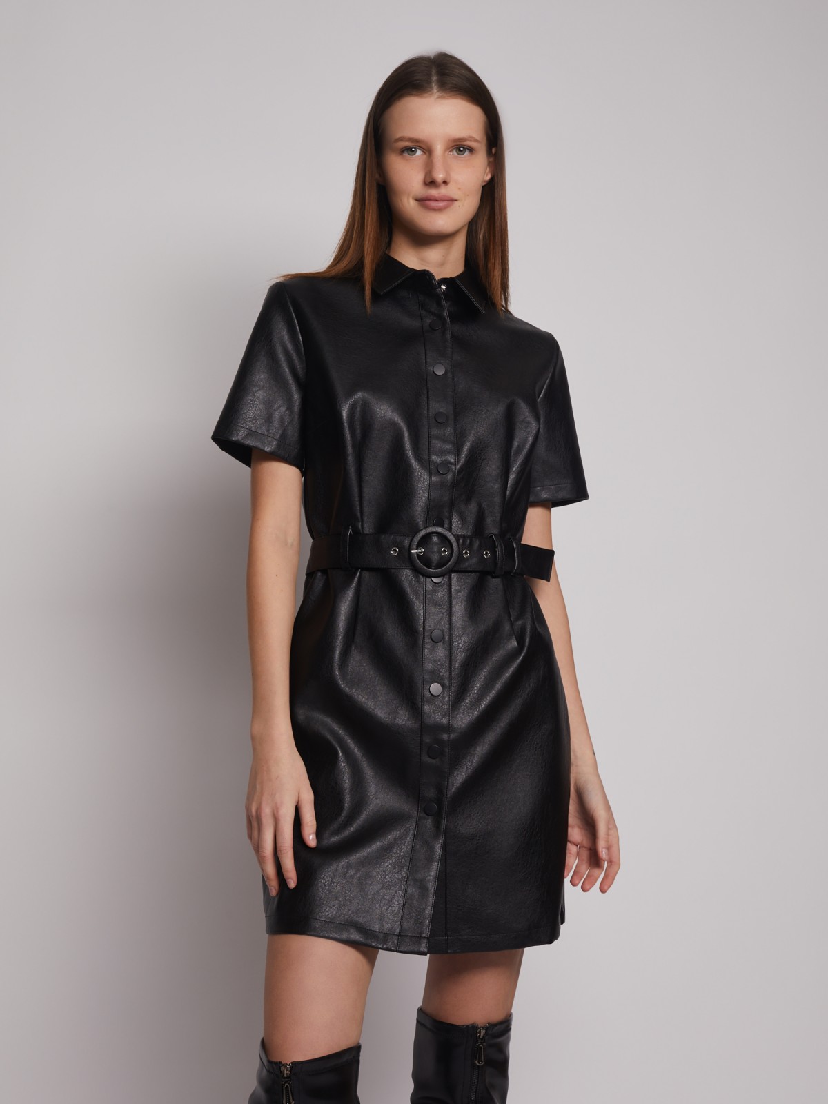 Платье-рубашка из экокожи zolla 023128259103, цвет черный, размер XS
