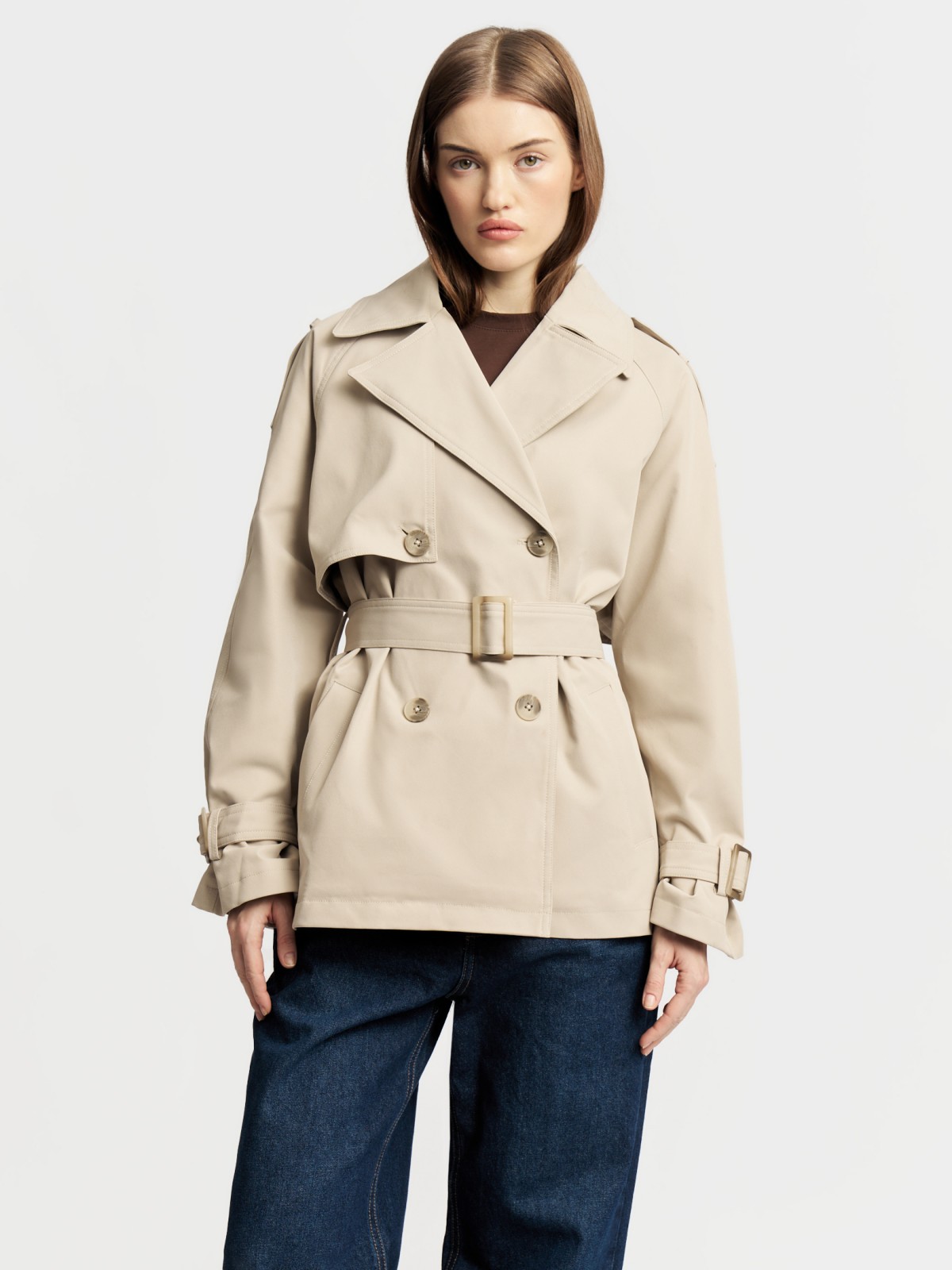 Двубортная куртка-тренч с поясом