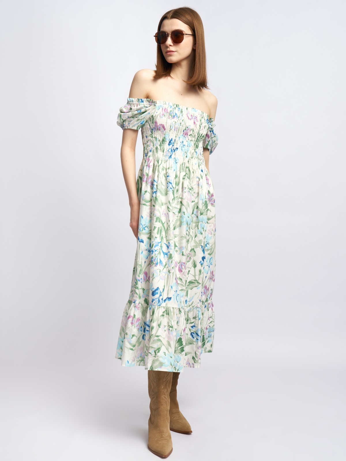 Платье из хлопка на резинке с воланом