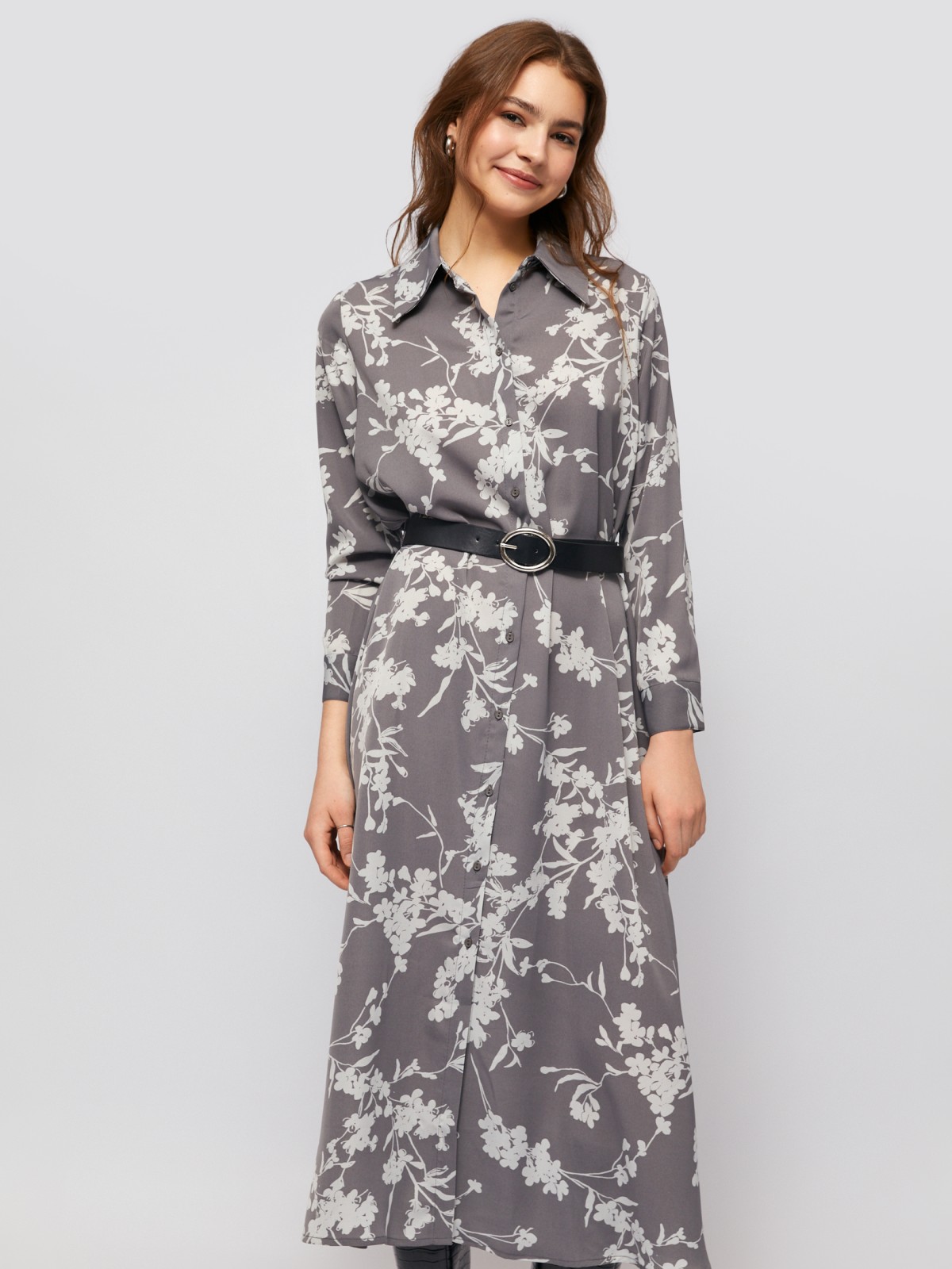 Платье-рубашка макси с цветочным принтом и ремнём