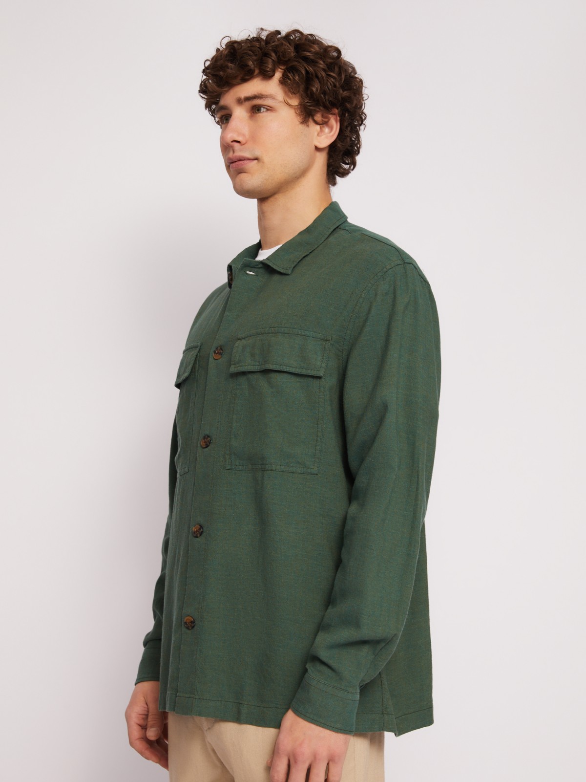 Куртка-рубашка из льна и вискозы zolla 01421214R073, цвет темно-зеленый, размер L - фото 4