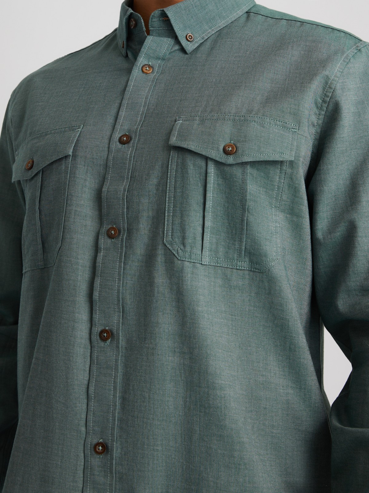Рубашка из хлопка с длинным рукавом и карманами zolla 01413214R033, цвет зеленый, размер M - фото 4