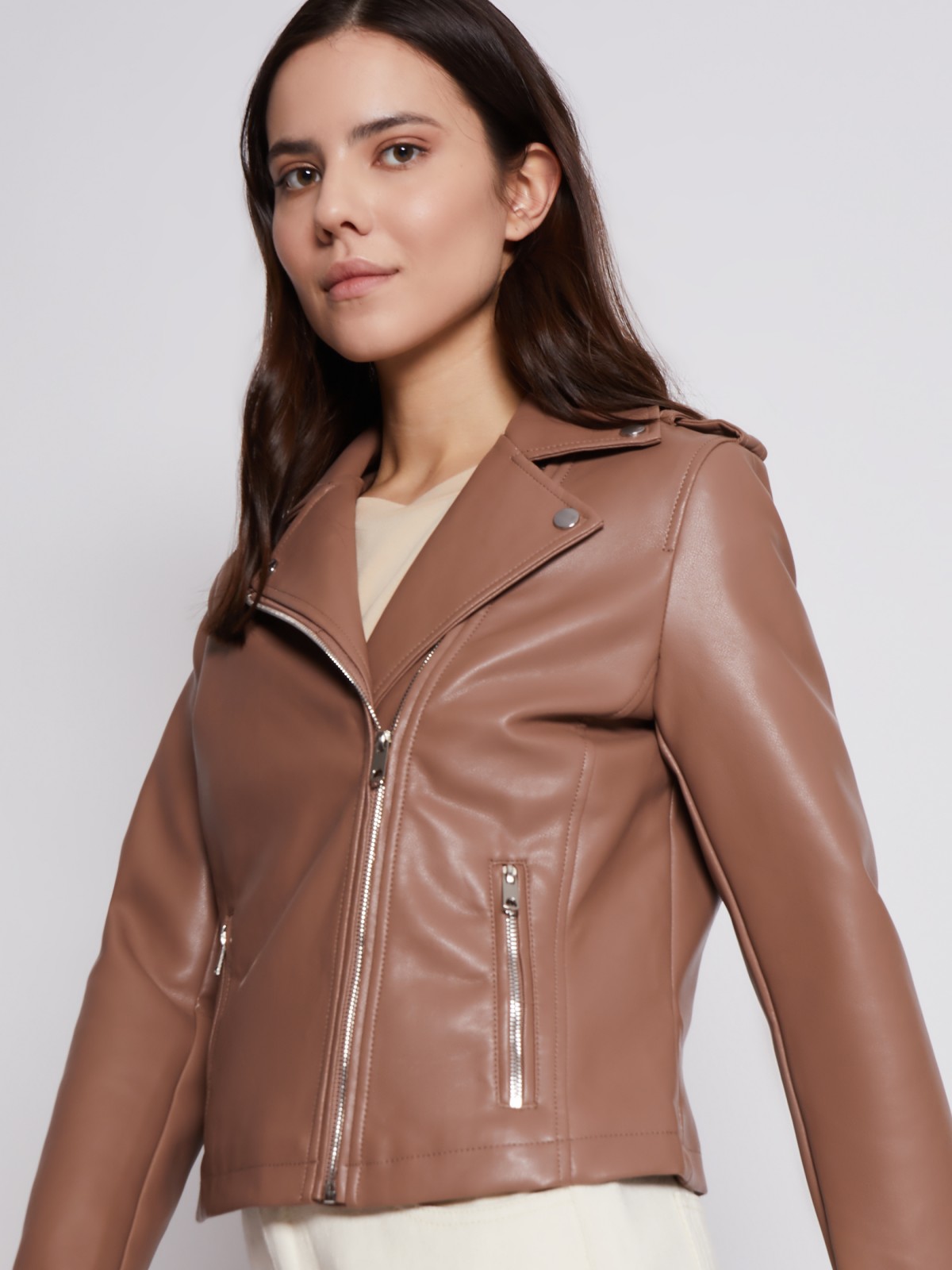 Кожаная куртка-косуха zolla 023215602054, цвет коричневый, размер XS - фото 3