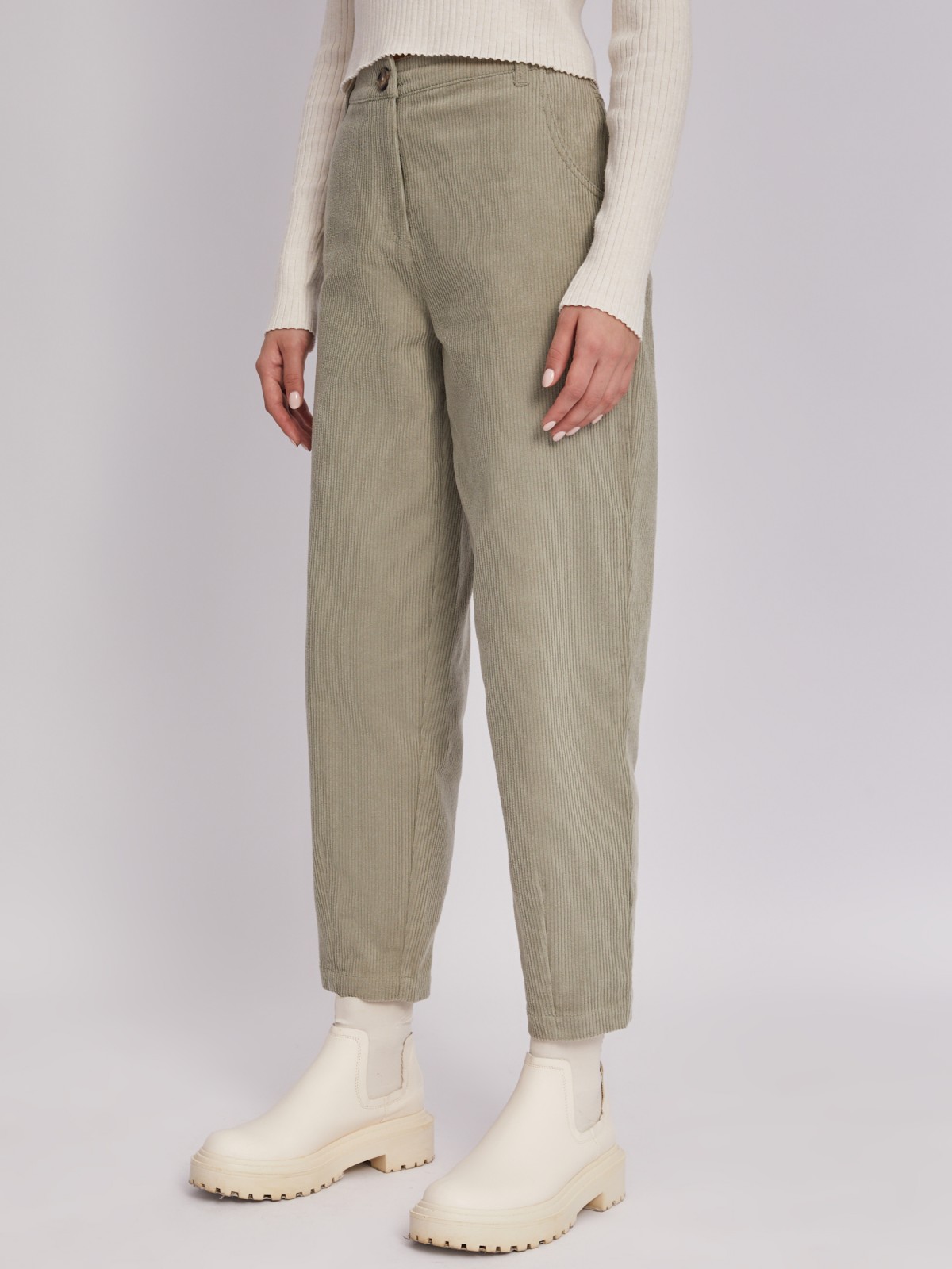 Вельветовые брюки из хлопка с высокой талией zolla 223347359013, цвет хаки, размер XS - фото 3