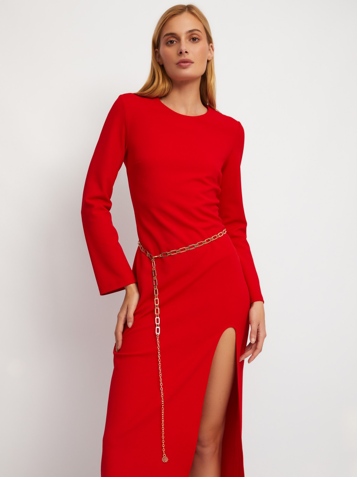 Платье длины миди с разрезом по ноге и поясом-цепочкой zolla 024118159081, цвет красный, размер XS - фото 1