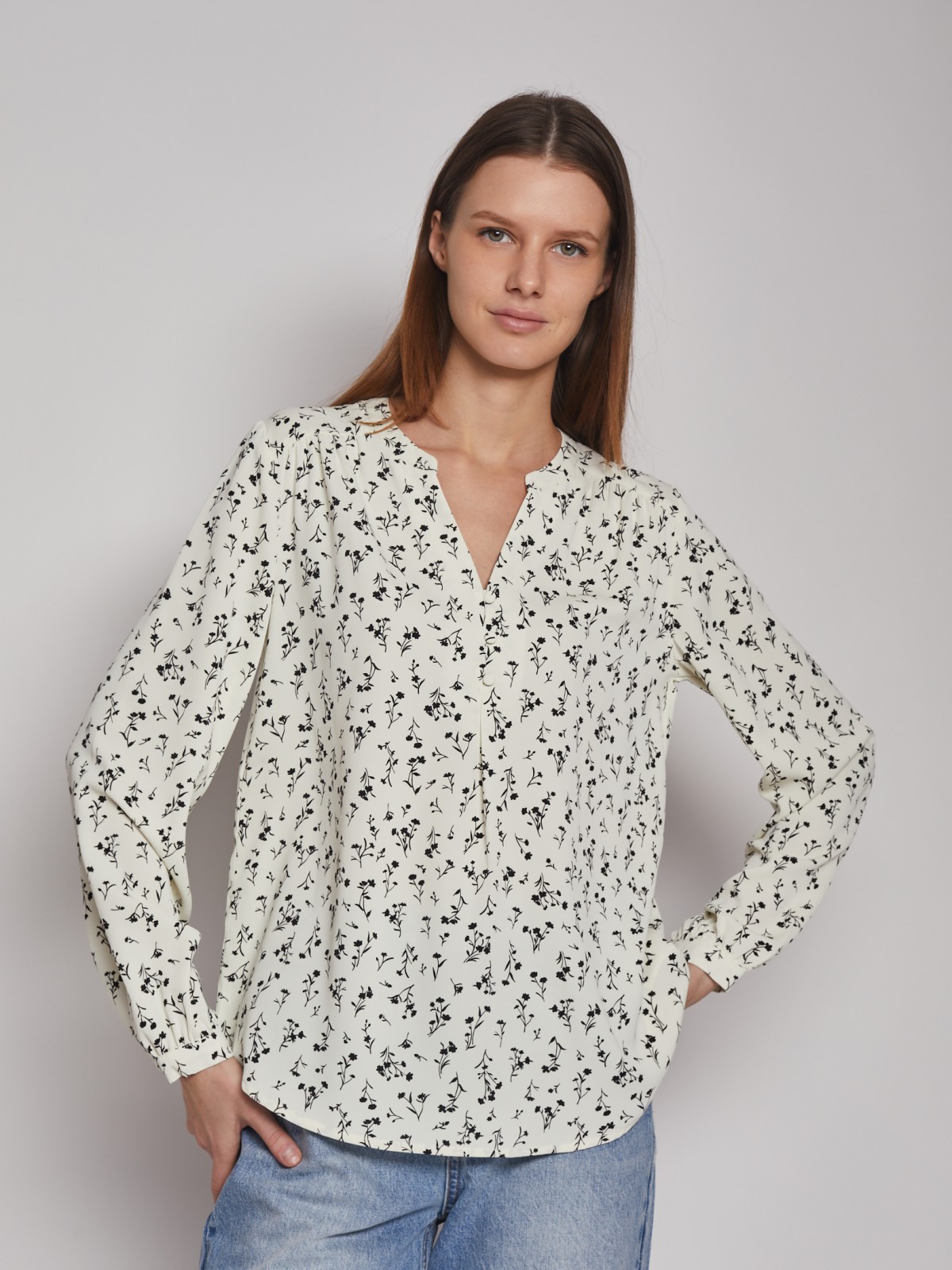Принтованная блузка с длинным рукавом zolla 023121159212, цвет бежевый, размер XS
