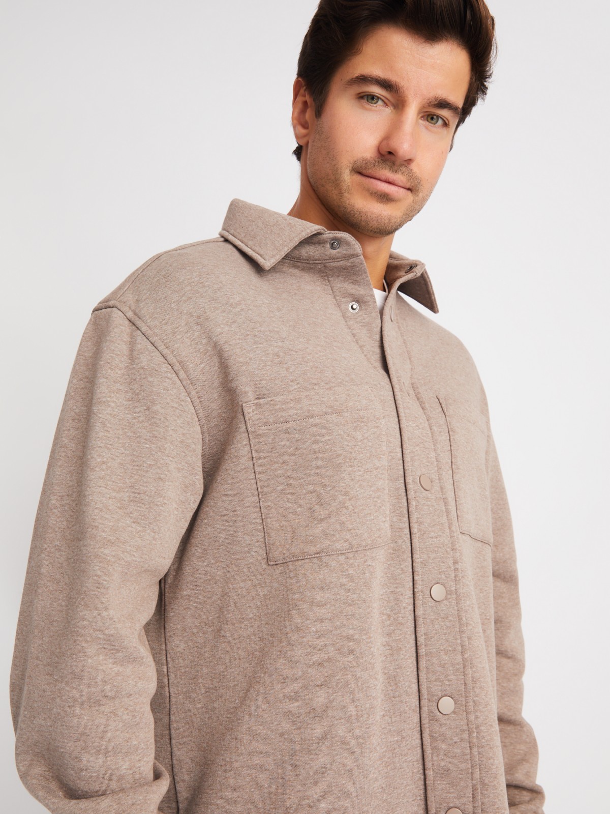 Утеплённая трикотажная куртка-рубашка с начёсом zolla 01411432F023, цвет коричневый, размер S - фото 4