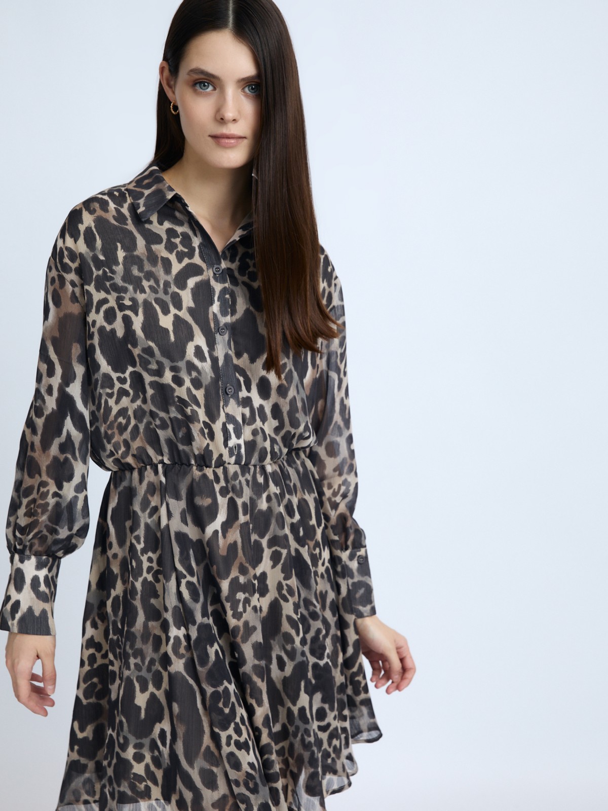 Шифоновое платье-рубашка мини с леопардовым принтом