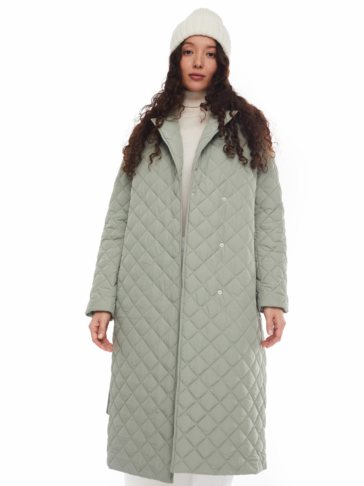 Утеплённое пальто с отложным воротником и поясом zolla 024125297014, цвет хаки, размер XS