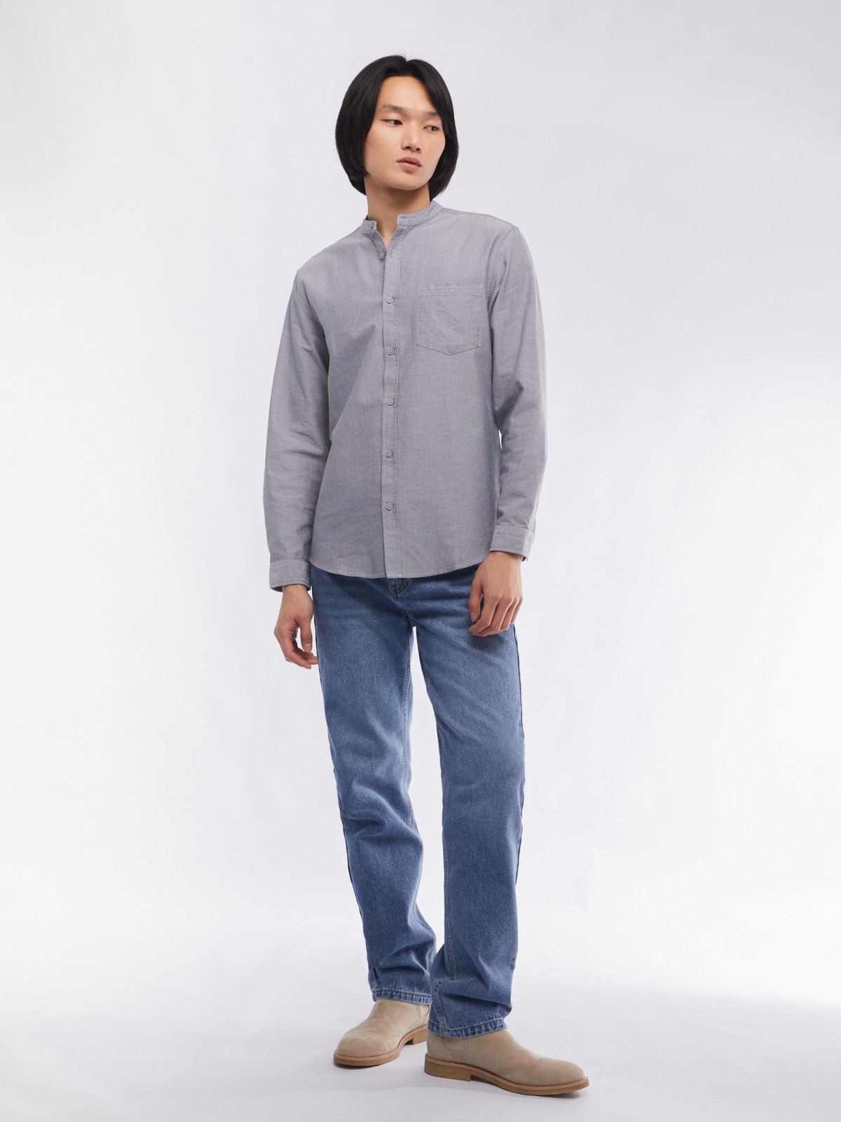 Офисная рубашка из хлопка с воротником-стойкой и длинным рукавом zolla 014122159033, цвет серый, размер M - фото 2
