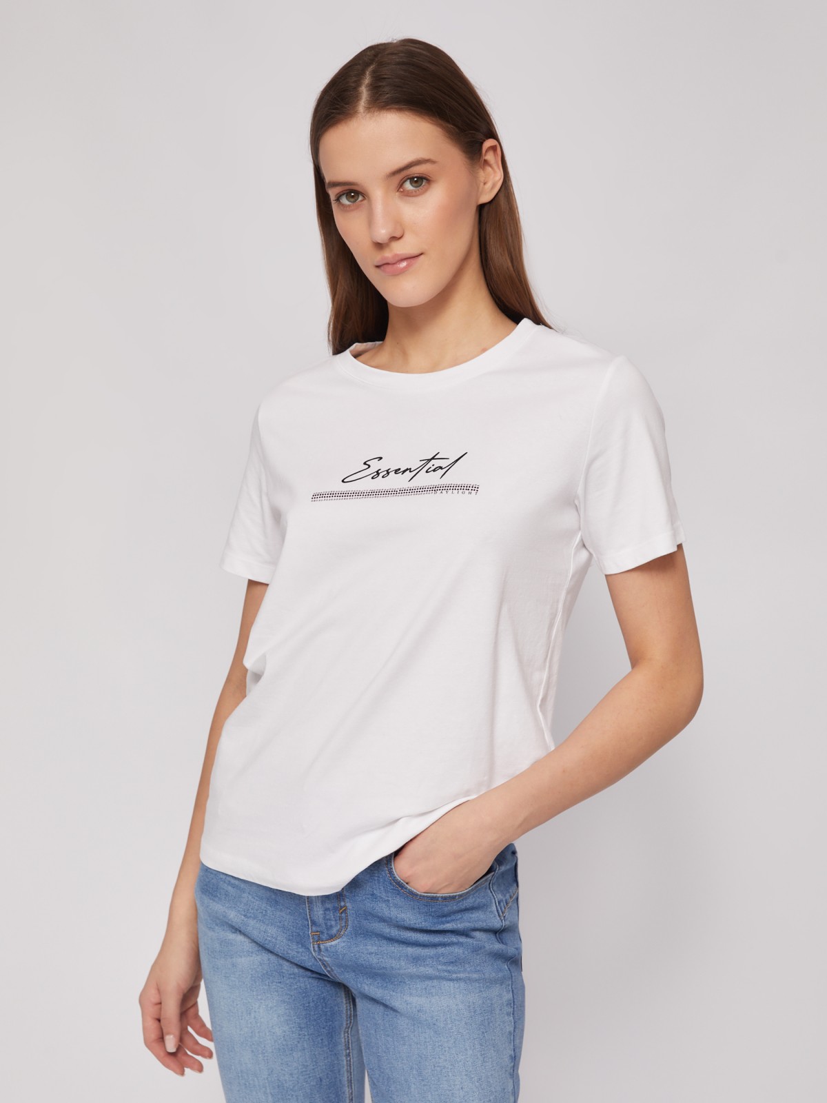 Футболка из хлопка с принтом-надписью и стразами